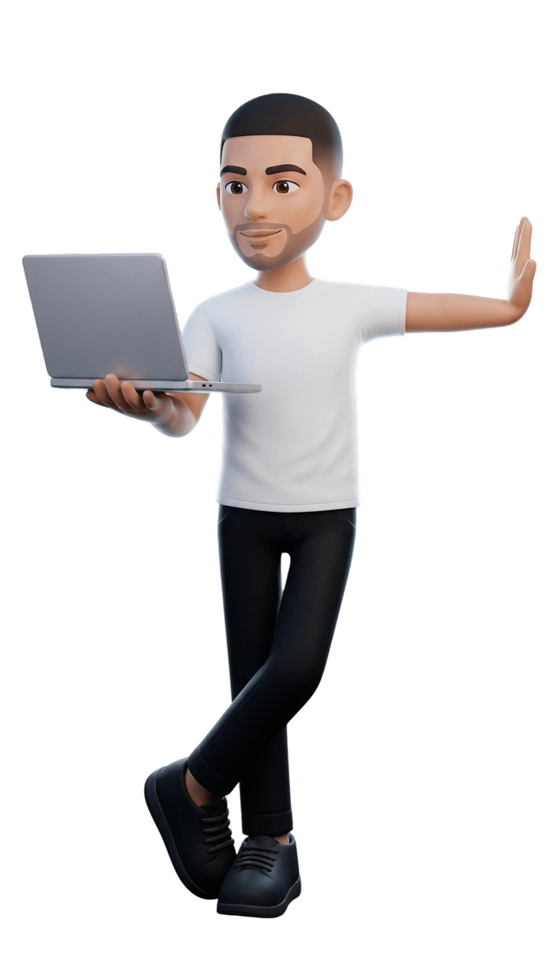 3D illustration of Mario Spasovski holding a laptop, with an arm extended toward the About Me content